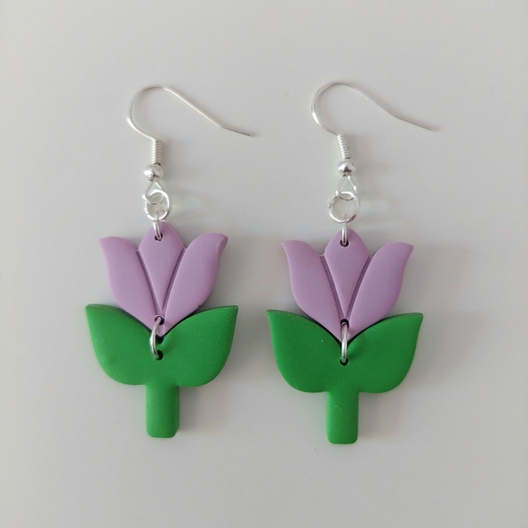 Purple Tulip Flower Earrings - Picture 3 of 3
